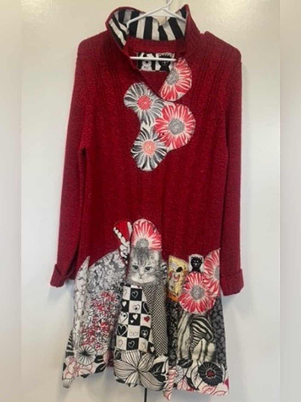New handmade artist dress featuring Floral & Cat Print - multi fabrics - one off